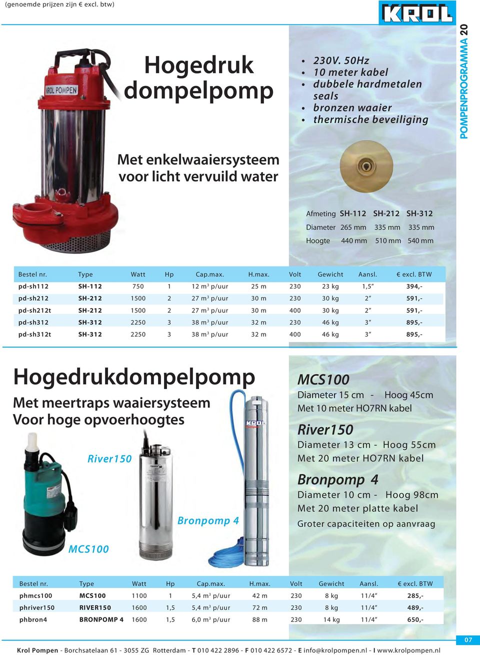 440 mm 510 mm 540 mm Bestel nr. Type Watt Hp Cap.max. H.max. Volt Gewicht Aansl. excl.