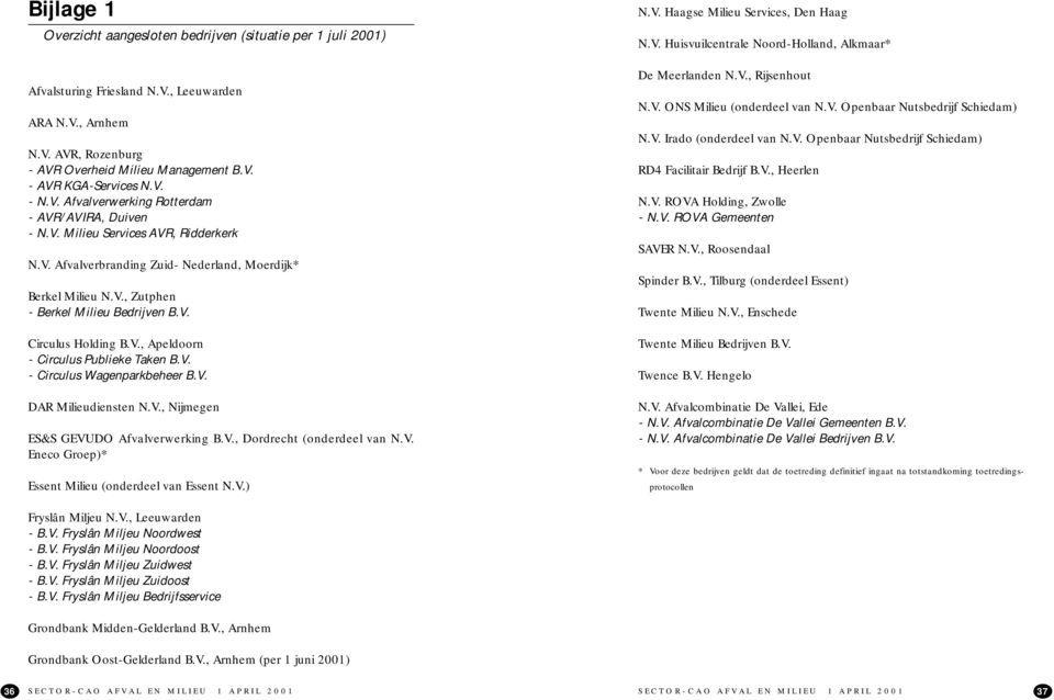 V. Circulus Holding B.V., Apeldoorn - Circulus Publieke Taken B.V. - Circulus Wagenparkbeheer B.V. DAR Milieudiensten N.V., Nijmegen ES&S GEVUDO Afvalverwerking B.V., Dordrecht (onderdeel van N.V. Eneco Groep)* Essent Milieu (onderdeel van Essent N.