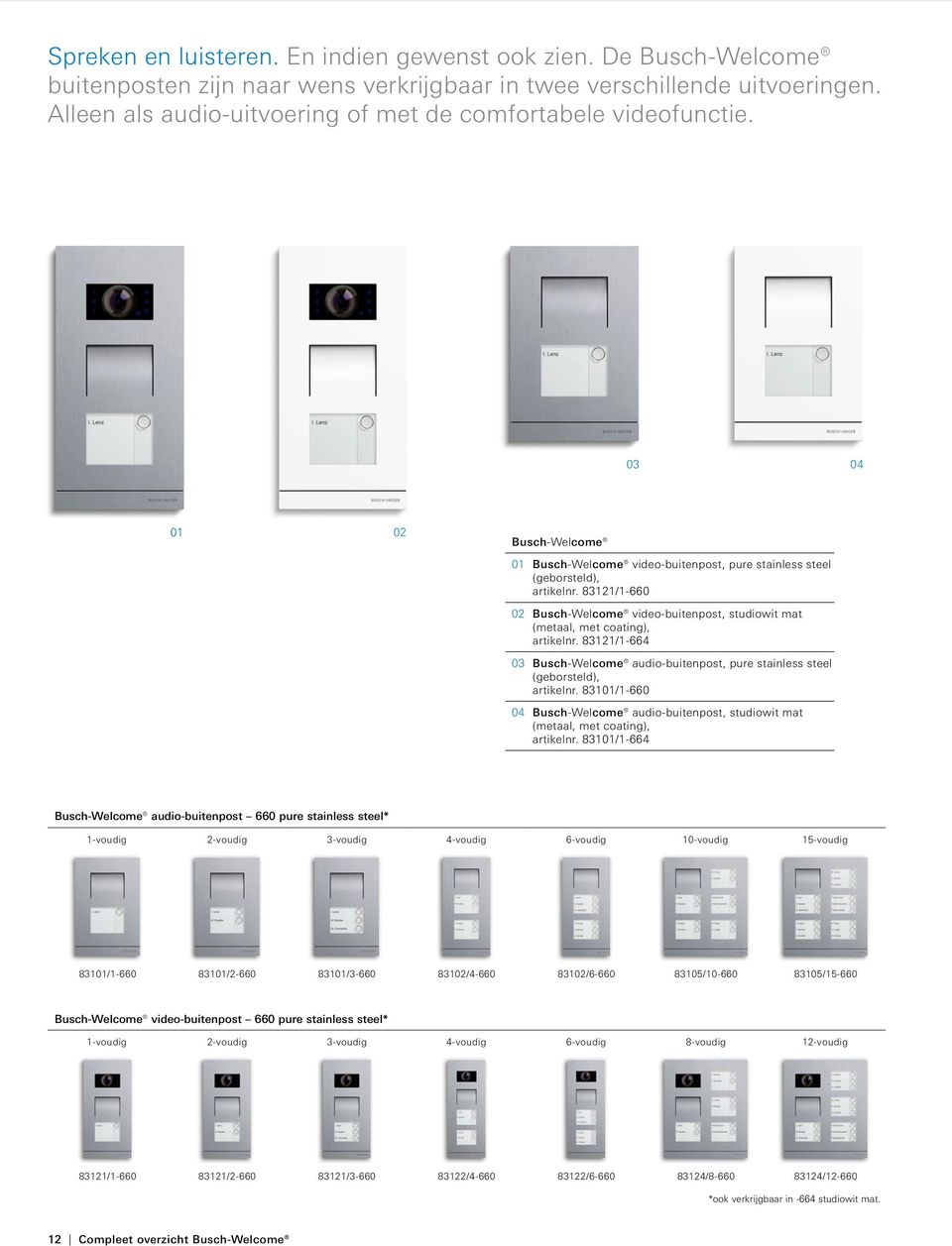 83121/1-664 03 audio-buitenpost, pure stainless steel (geborsteld), artikelnr. 83101/1-660 04 audio-buitenpost, studiowit mat (metaal, met coating), artikelnr.