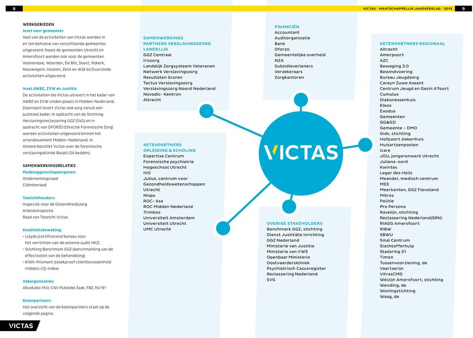 Inzet AWBZ, ZVW en Justitie De activiteiten die Victas uitvoert in het kader van AWBZ en ZVW vinden plaats in Midden-Nederland. Daarnaast levert Victas ook zorg vanuit een justitieel kader.