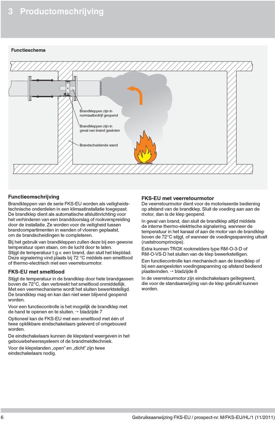 De brandklep dient als automatische afsluitinrichting voor het verhinderen van een branddoorslag of rookverspreiding door de installatie.