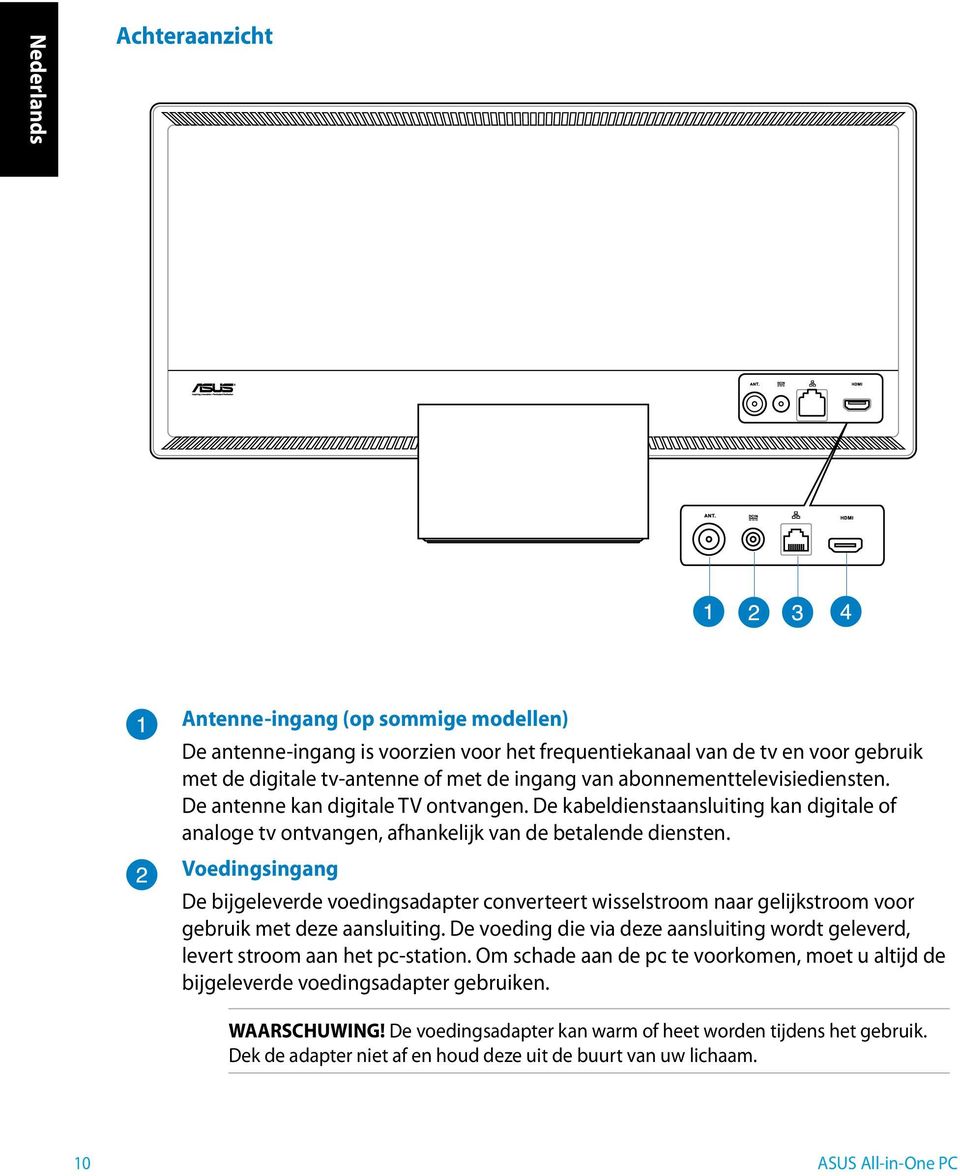 Voedingsingang De bijgeleverde voedingsadapter converteert wisselstroom naar gelijkstroom voor gebruik met deze aansluiting.