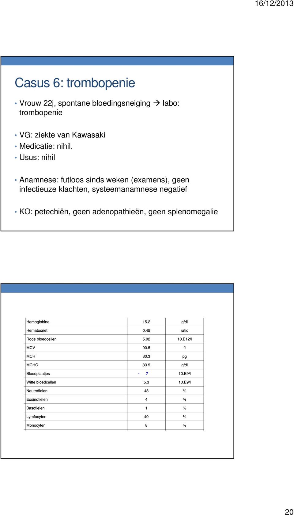 Usus: nihil Anamnese: futloos sinds weken (examens), geen infectieuze