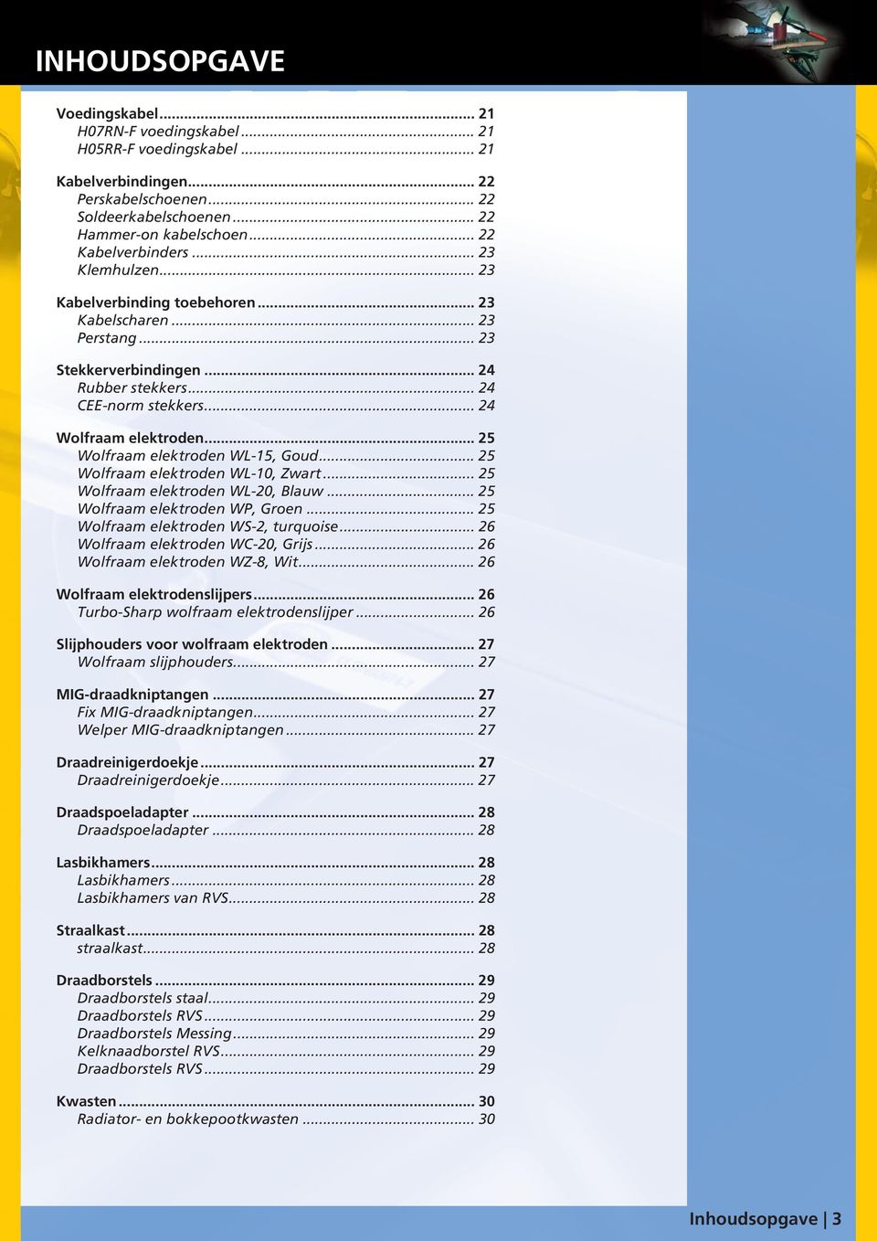 .. 24 Wolfraam elektroden... 25 Wolfraam elektroden WL-15, Goud... 25 Wolfraam elektroden WL-10, Zwart... 25 Wolfraam elektroden WL-20, Blauw... 25 Wolfraam elektroden WP, Groen.