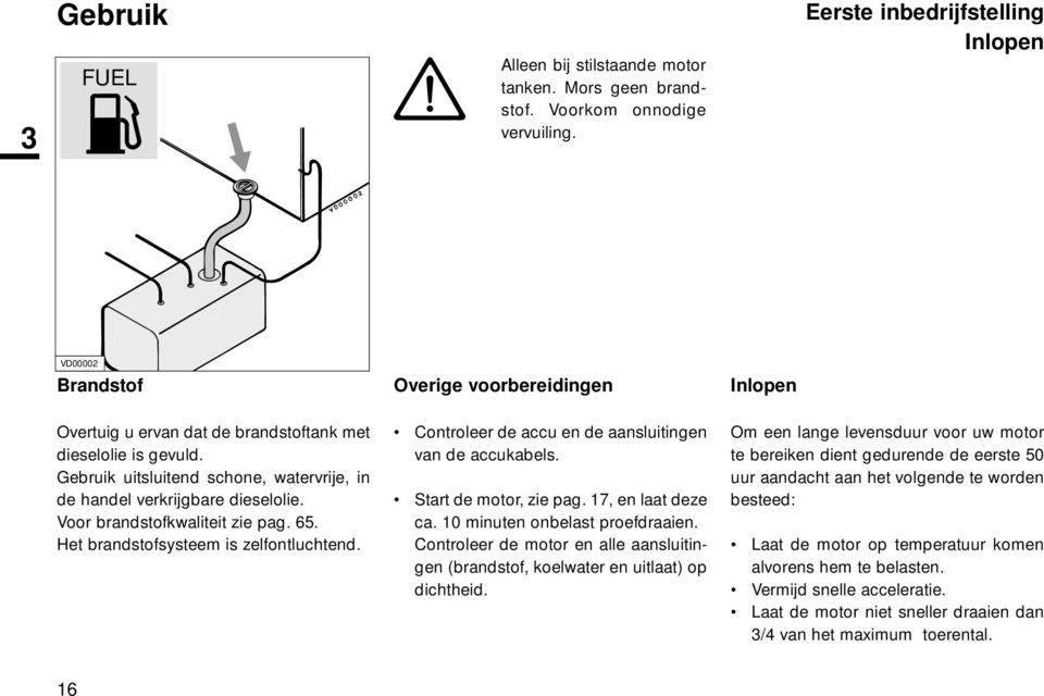 Voor brandstofkwaliteit zie pag. 65. Het brandstofsysteem is zelfontluchtend. Overige voorbereidingen Controleer de accu en de aansluitingen van de accukabels. Start de motor, zie pag.