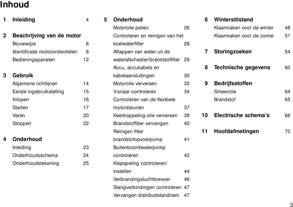 waterafscheider/brandstoffilter 29 Accu, accukabels en kabelaansluitingen 30 Motorolie verversen 32 V-snaar controleren 34 Controleren van de flexibele motorsteunen 37 Keerkoppeling-olie verversen 38