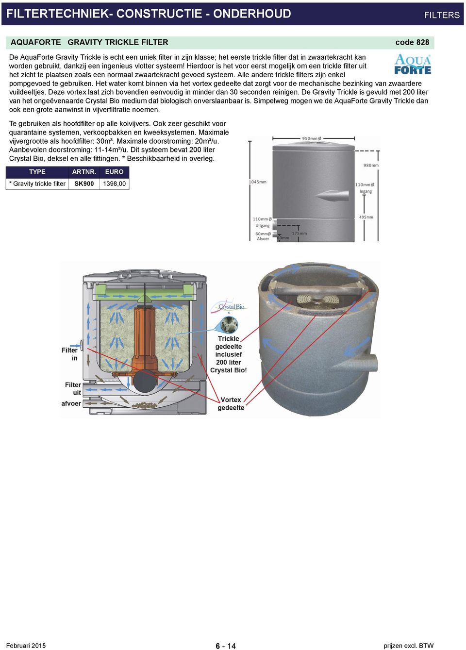 Alle andere trickle filters zijn enkel pompgevoed te gebruiken. Het water komt binnen via het vortex gedeelte dat zorgt voor de mechanische bezinking van zwaardere vuildeeltjes.