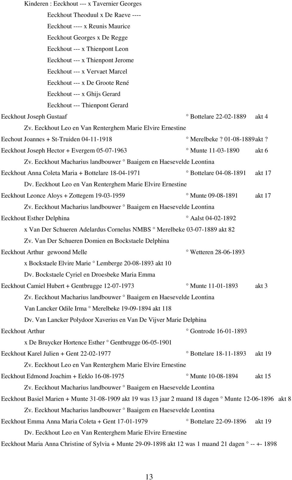 Eeckhout Leo en Van Renterghem Marie Elvire Ernestine Eechout Joannes + St-Truiden 04-11-1918 Merelbeke? 01-08-1889 akt? Eeckhout Joseph Hector + Evergem 05-07-1963 Munte 11-03-1890 akt 6 Zv.