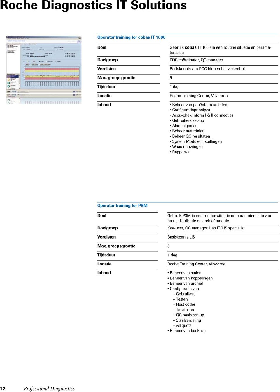 Gebruikers set-up Alarmsignalen Beheer materialen Beheer QC resultaten System Module: instellingen Waarschuwingen Rapporten Operator training for PSM groep Gebruik PSM in een routine situatie en