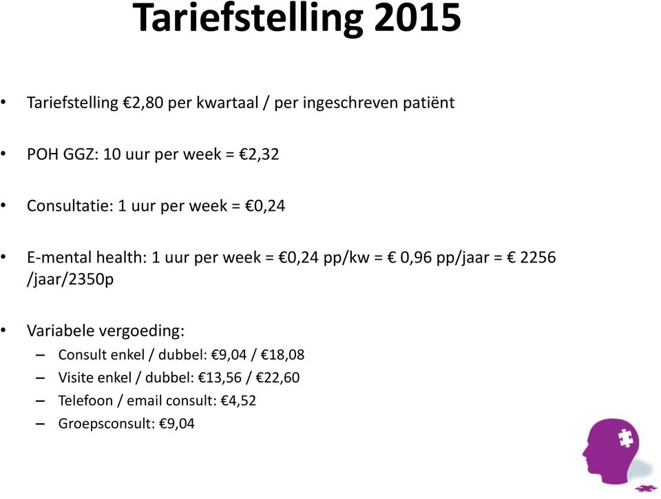 0,24 pp/kw = 0,96 pp/jaar = 2256 /jaar/2350p Variabele vergoeding: Consult enkel / dubbel: