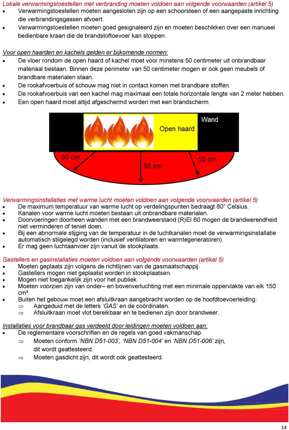 Voor open haarden en kachels gelden er bijkomende normen: De vloer rondom de open haard of kachel moet voor minstens 50 centimeter uit onbrandbaar materiaal bestaan.