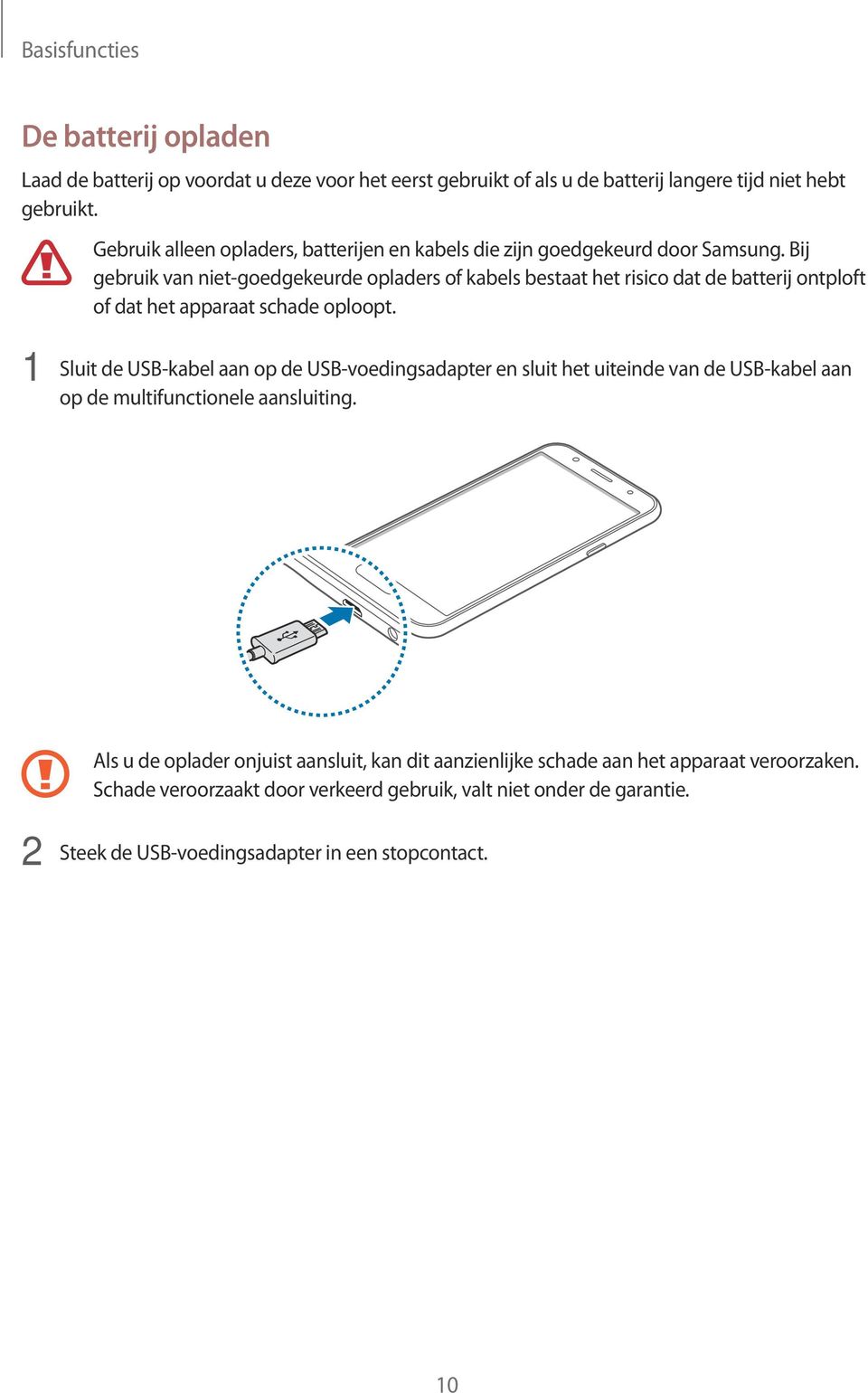 Bij gebruik van niet-goedgekeurde opladers of kabels bestaat het risico dat de batterij ontploft of dat het apparaat schade oploopt.