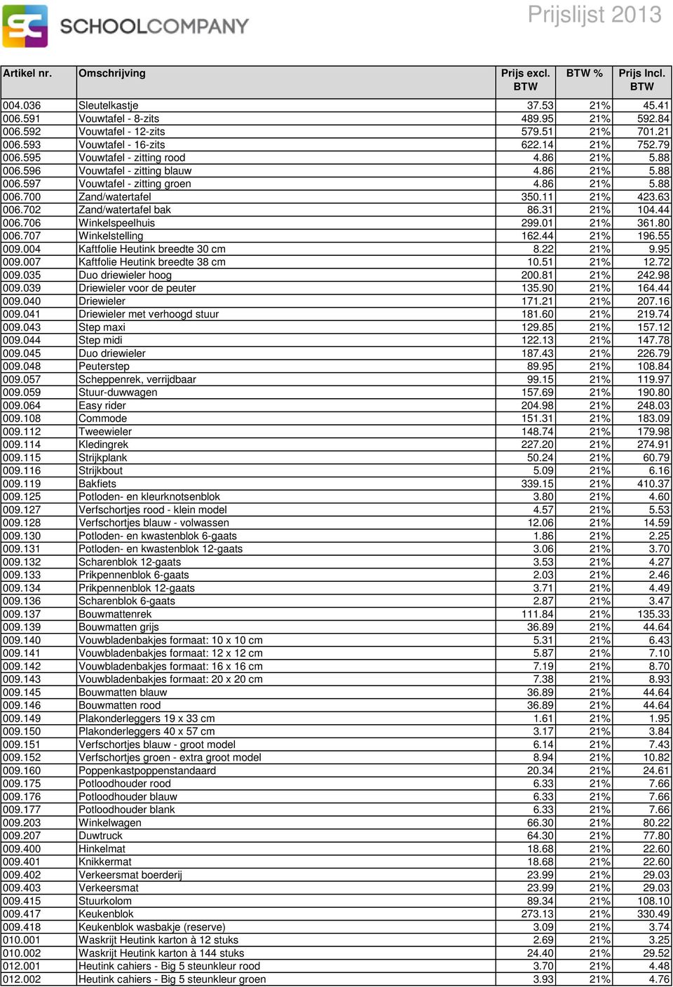 702 Zand/watertafel bak 86.31 21% 104.44 006.706 Winkelspeelhuis 299.01 21% 361.80 006.707 Winkelstelling 162.44 21% 196.55 009.004 Kaftfolie Heutink breedte 30 cm 8.22 21% 9.95 009.