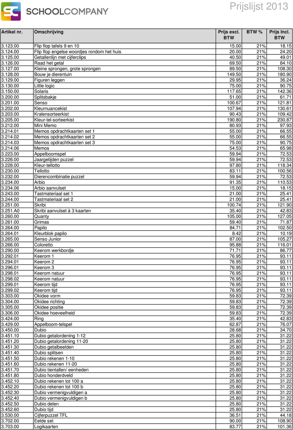 00 Little logic 75.00 21% 90.75 3.150.00 Solaris 117.65 21% 142.36 3.200.00 Splitsbakje 51.00 21% 61.71 3.201.00 Senso 100.67 21% 121.81 3.202.00 Kleurnuancekist 107.94 21% 130.61 3.203.