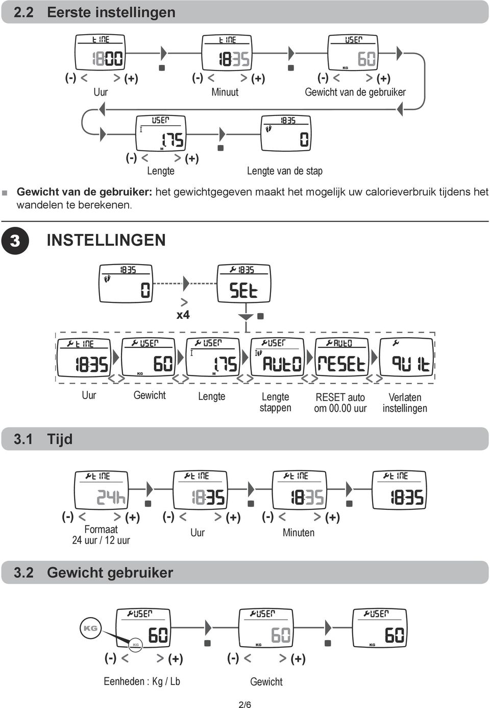 berekenen. 3 INSTELLINGEN x4 Uur Gewicht Lengte Lengte stappen RESET auto om 00.