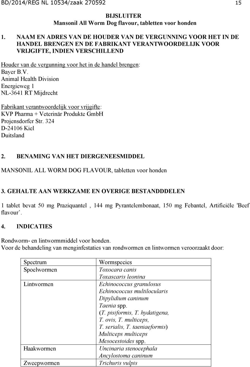 brengen: Bayer B.V. Animal Health Division Energieweg 1 NL-3641 RT Mijdrecht Fabrikant verantwoordelijk voor vrijgifte: KVP Pharma + Veterinär Produkte GmbH Projensdorfer Str.