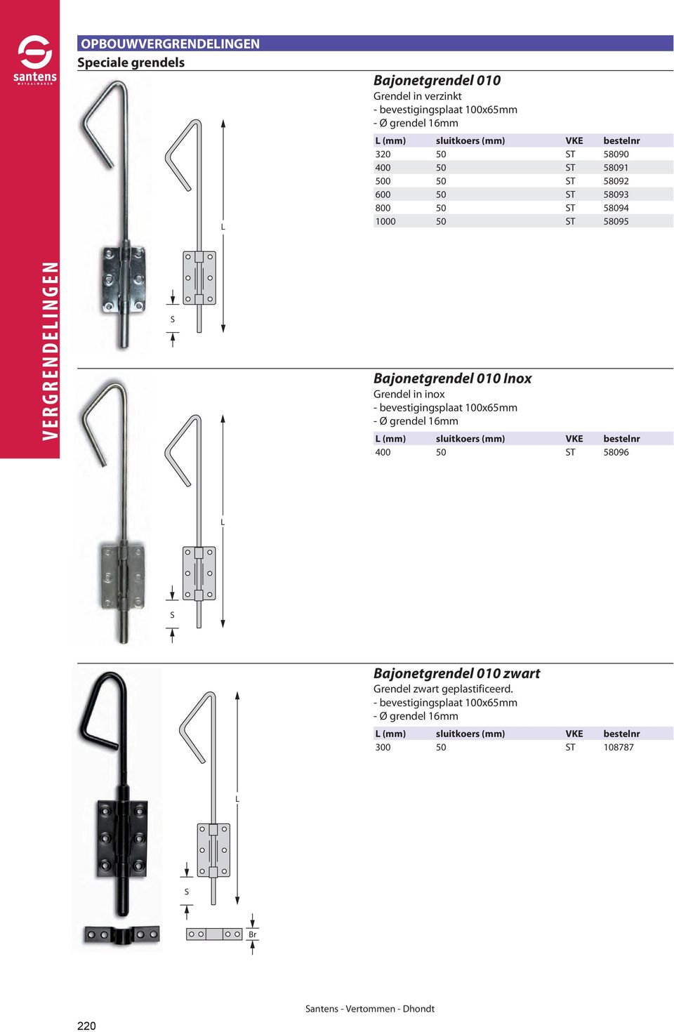 Grendel in inox - bevestigingsplaat 100x65mm - grendel 16mm (mm) sluitkoers (mm) VKE bestelnr 400 50 T 58096 ajonetgrendel 010 zwart Grendel