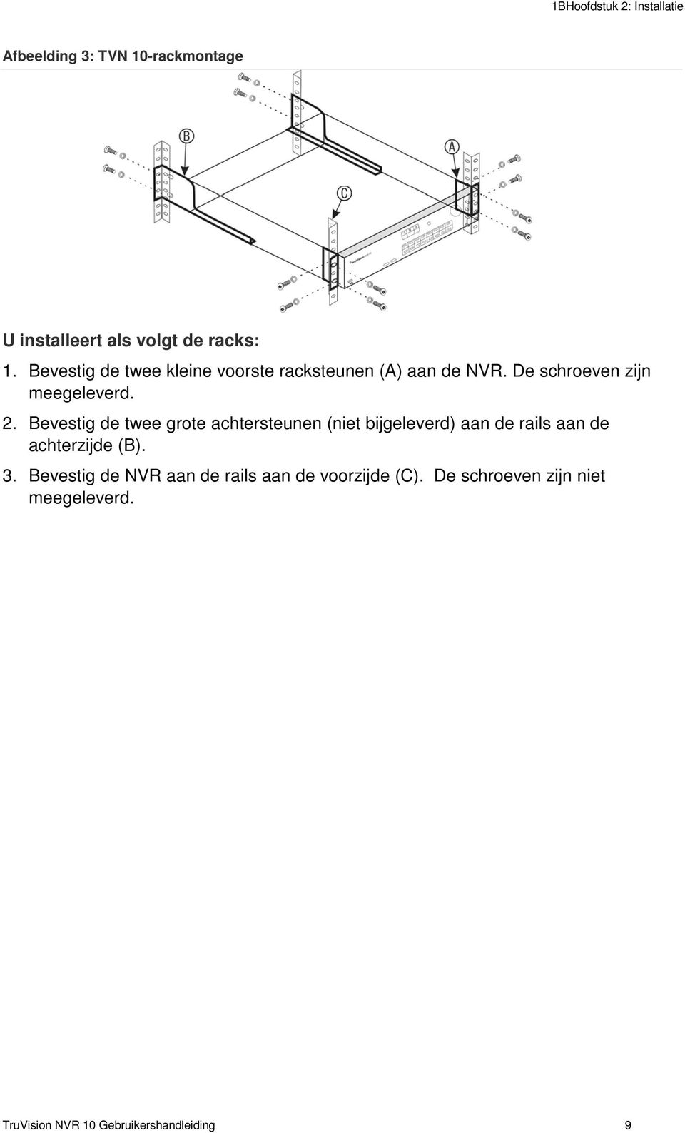 Bevestig de twee grote achtersteunen (niet bijgeleverd) aan de rails aan de achterzijde (B). 3.