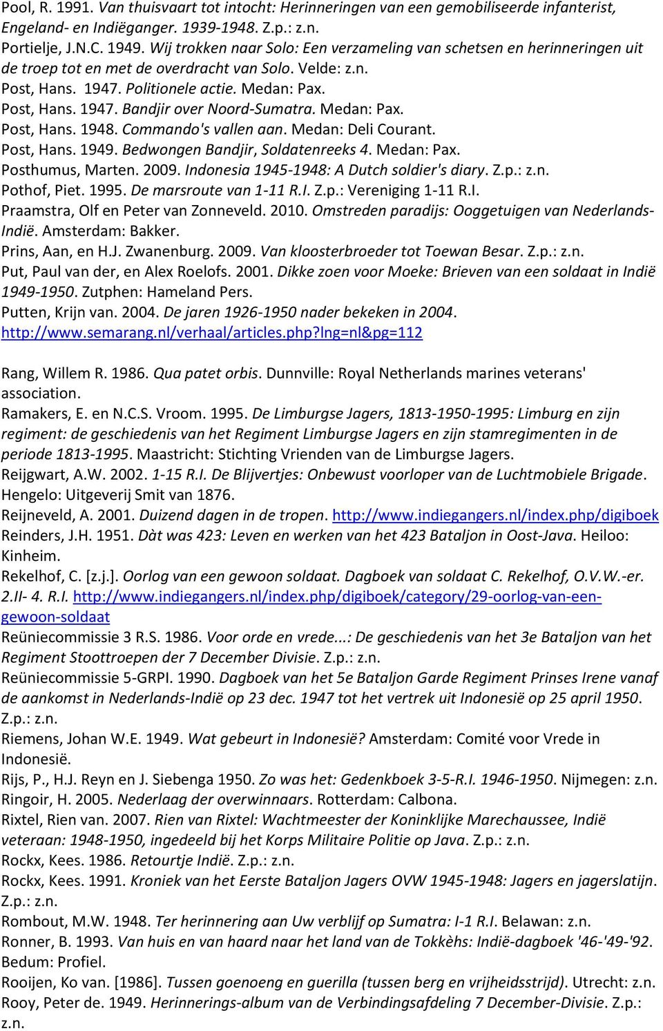 Medan: Pax. Post, Hans. 1948. Commando's vallen aan. Medan: Deli Courant. Post, Hans. 1949. Bedwongen Bandjir, Soldatenreeks 4. Medan: Pax. Posthumus, Marten. 2009.