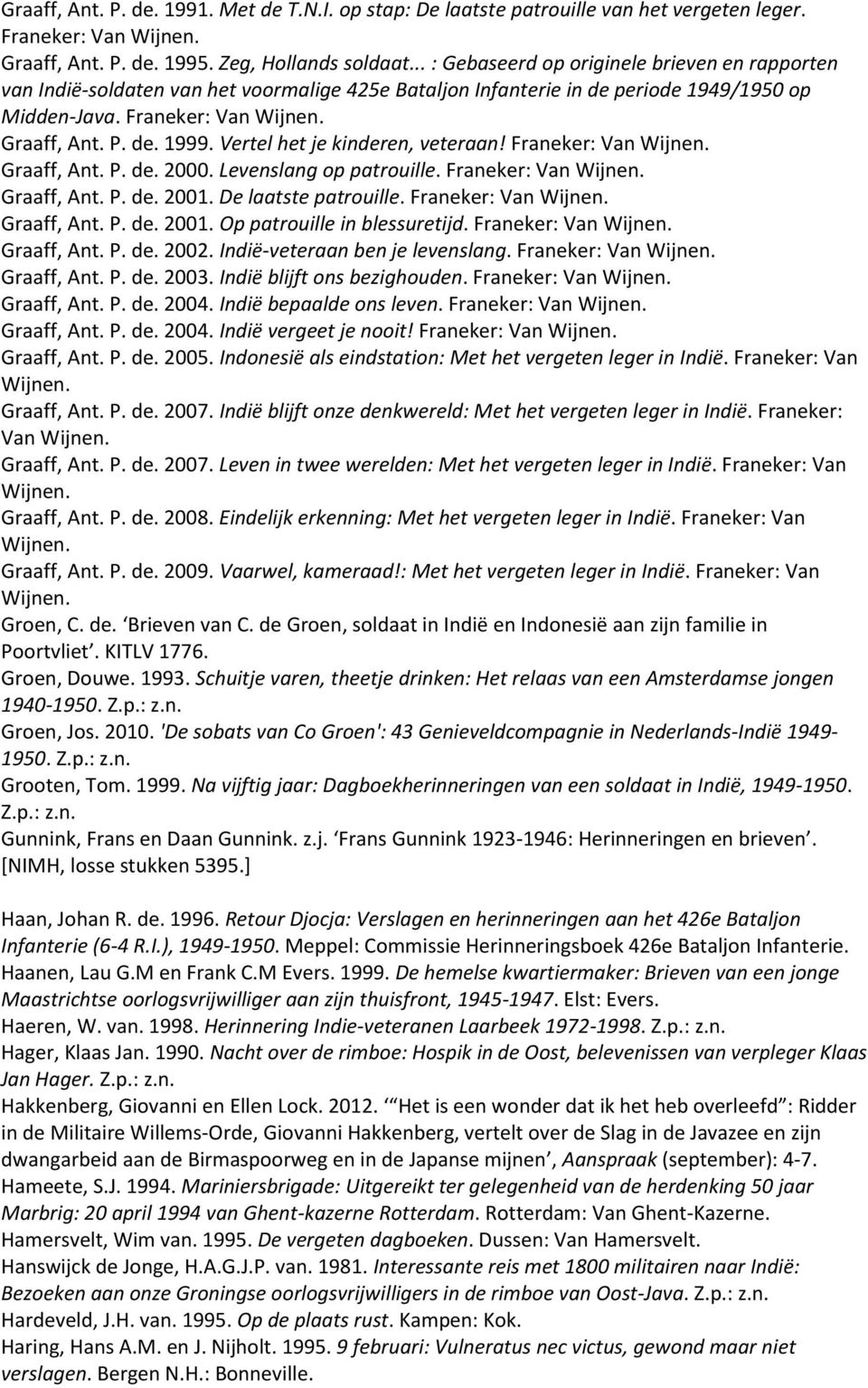 Vertel het je kinderen, veteraan! Franeker: Van Wijnen. Graaff, Ant. P. de. 2000. Levenslang op patrouille. Franeker: Van Wijnen. Graaff, Ant. P. de. 2001. De laatste patrouille. Franeker: Van Wijnen. Graaff, Ant. P. de. 2001. Op patrouille in blessuretijd.