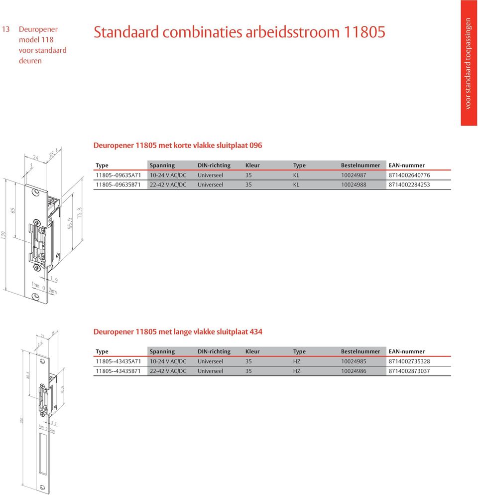 22-42 V AC/DC Universeel 35 KL 10024988 8714002284253 Deuropener 11805 met lange vlakke sluitplaat 434 11805--43435A71