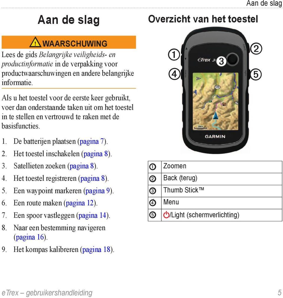 2. Het toestel inschakelen (pagina 8). 3. Satellieten zoeken (pagina 8). 4. Het toestel registreren (pagina 8). 5. Een waypoint markeren (pagina 9). 6. Een route maken (pagina 12). 7.