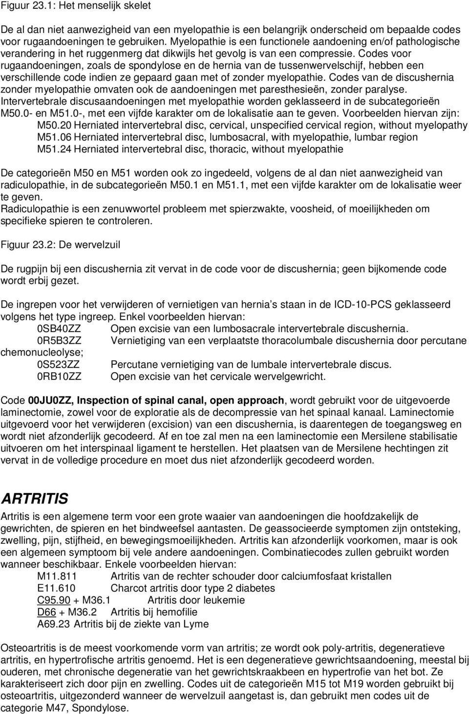 Codes voor rugaandoeningen, zoals de spondylose en de hernia van de tussenwervelschijf, hebben een verschillende code indien ze gepaard gaan met of zonder myelopathie.