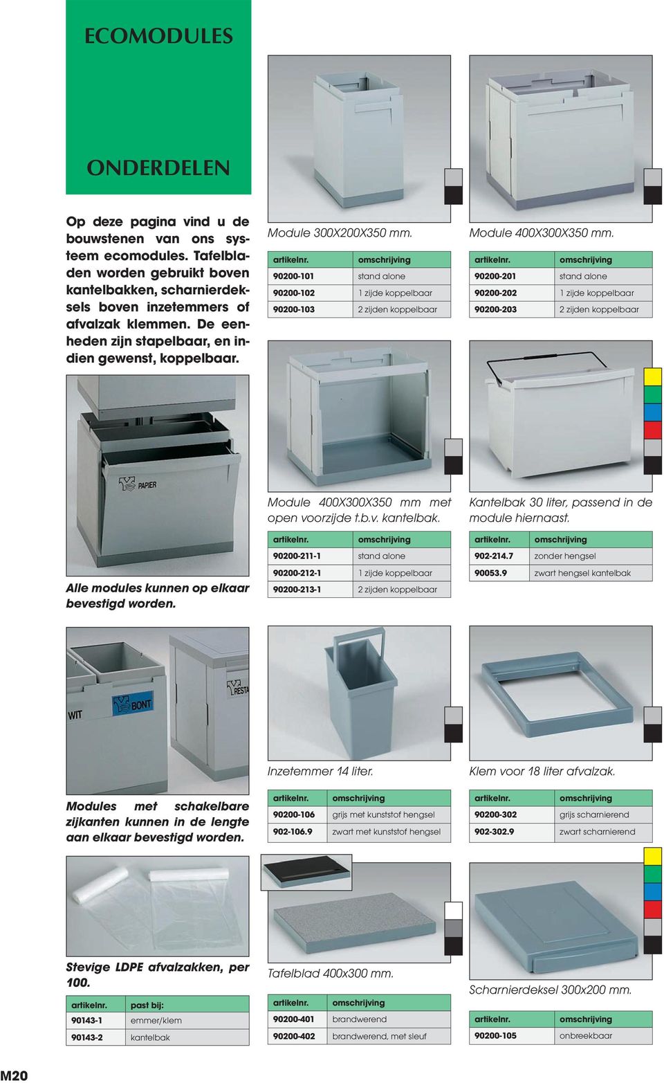 artikelnr. 90200-201 stand alone 90200-202 1 zijde koppelbaar 90200-203 2 zijden koppelbaar Alle modules kunnen op elkaar bevestigd worden. Module 400X300X350 mm met open voorzijde t.b.v. kantelbak.