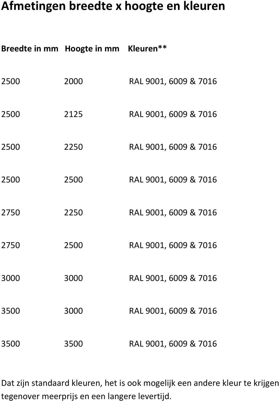 2500 RAL 9001, 6009 & 7016 3000 3000 RAL 9001, 6009 & 7016 3500 3000 RAL 9001, 6009 & 7016 3500 3500 RAL 9001, 6009 &