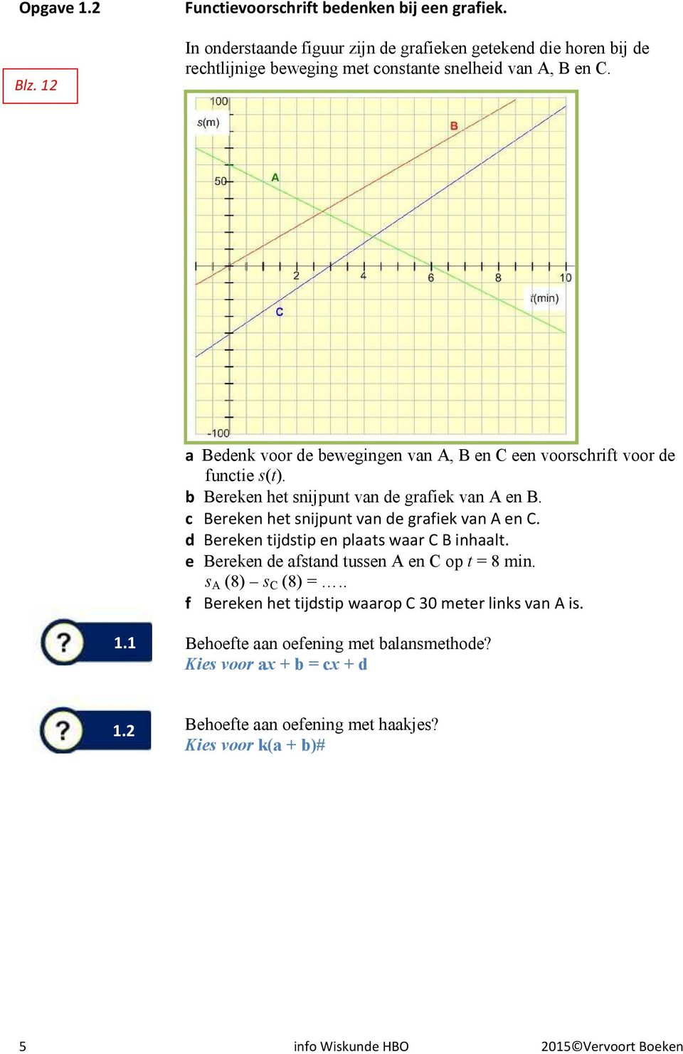 a Bedenk voor de bewegingen van A, B en C een voorschrift voor de functie s(t). b Bereken het snijpunt van de grafiek van A en B.