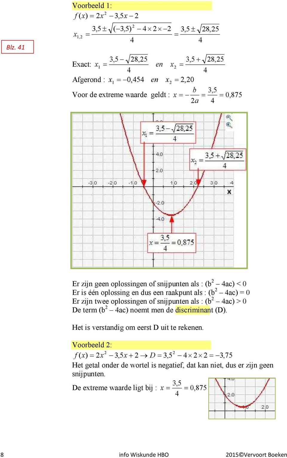 : (b ac) > 0 De term (b ac) noemt men de discriminant (D). Het is verstandig om eerst D uit te rekenen.