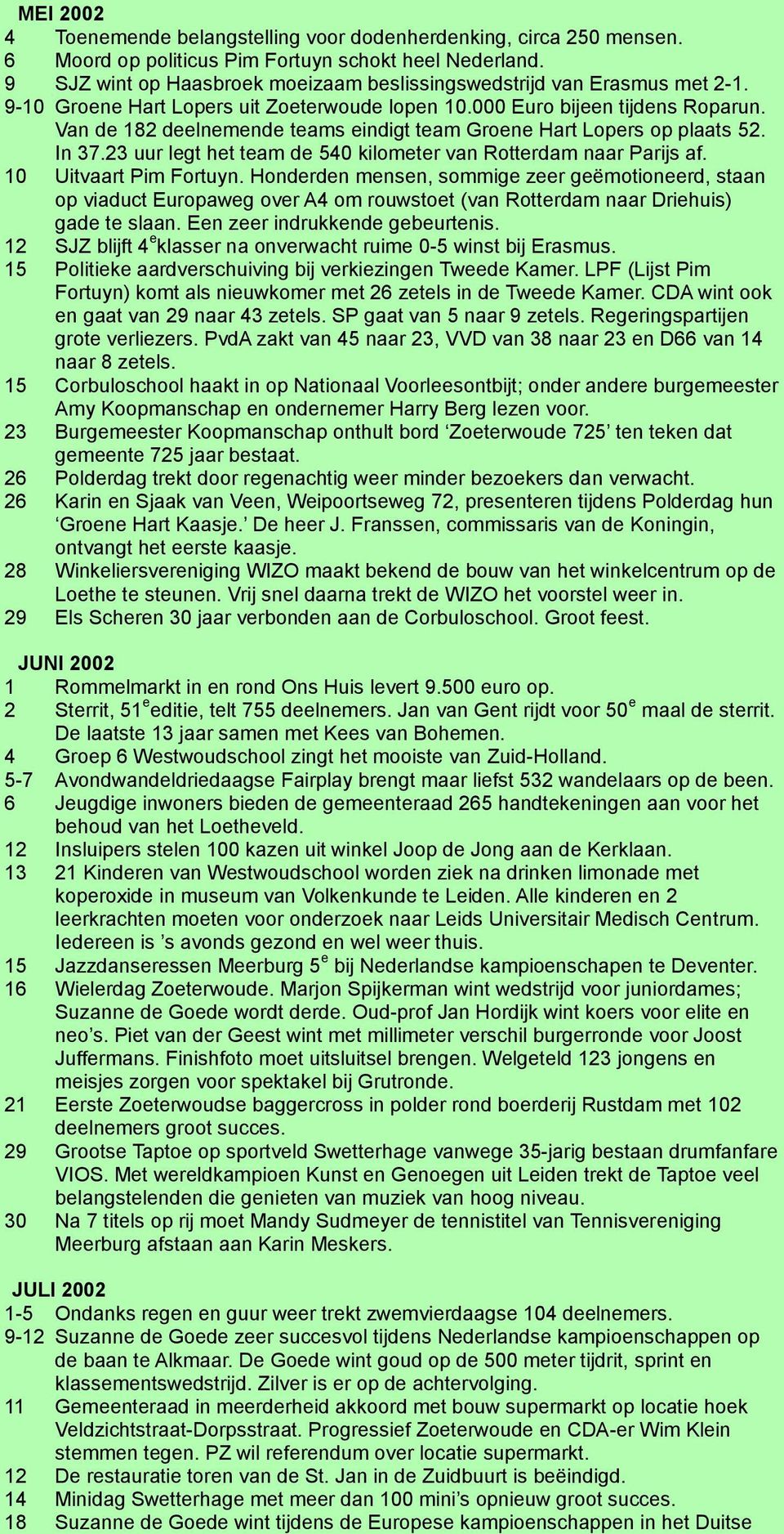 Van de 182 deelnemende teams eindigt team Groene Hart Lopers op plaats 52. In 37.23 uur legt het team de 540 kilometer van Rotterdam naar Parijs af. 10 Uitvaart Pim Fortuyn.