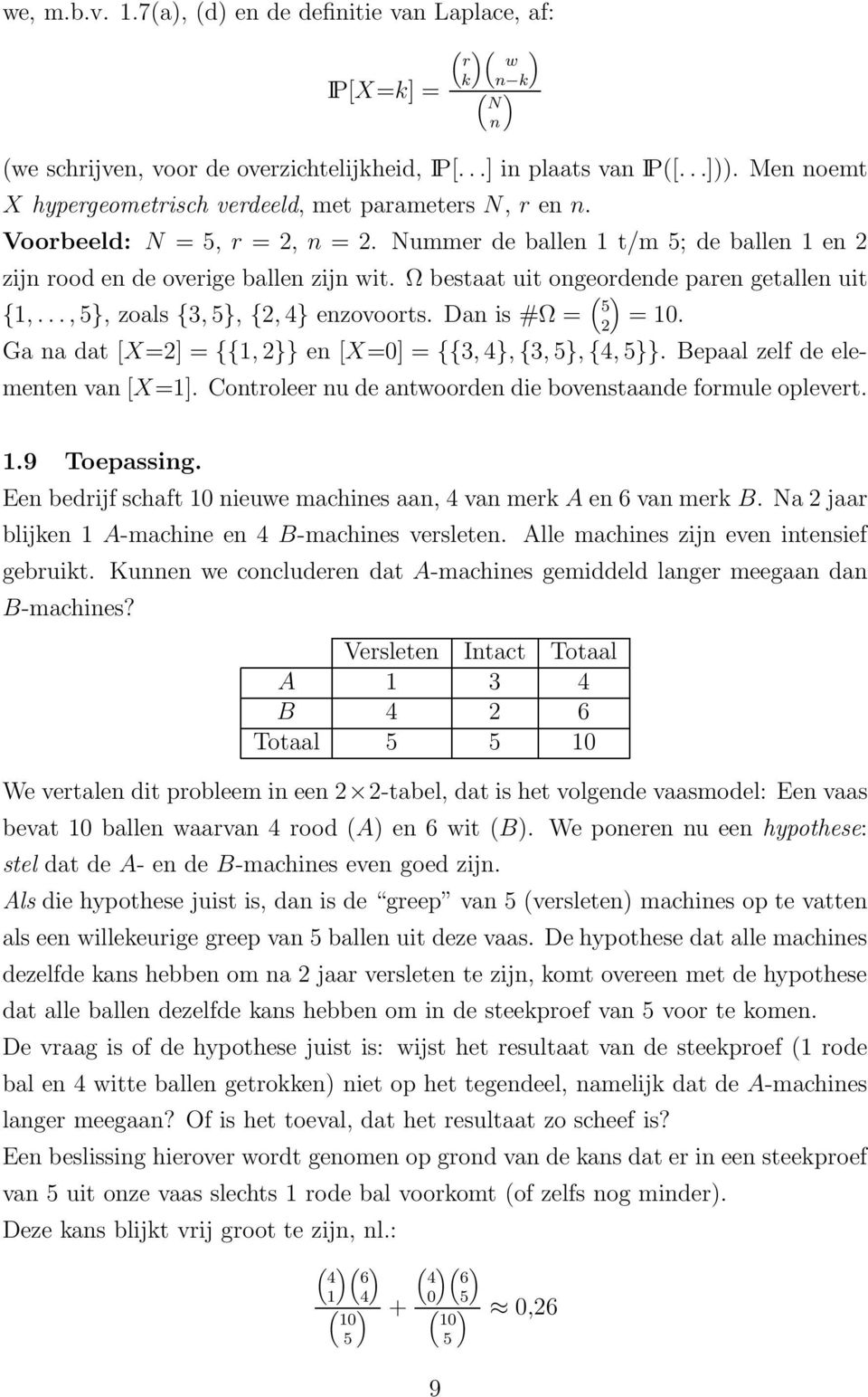 Ω bestaat uit ongeordende paren getallen uit {1,..., 5}, zoals {3, 5}, {2, 4} enzovoorts. Dan is #Ω = ( ) 5 2 = 10. Ga na dat [X=2] = {{1, 2}} en [X=0] = {{3, 4}, {3, 5}, {4, 5}}.