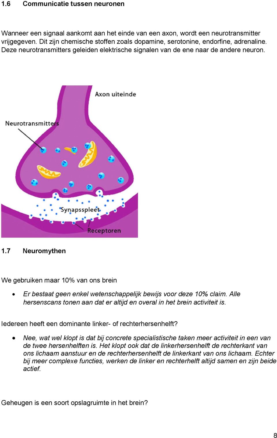 7 Neuromythen We gebruiken maar 10% van ons brein Er bestaat geen enkel wetenschappelijk bewijs voor deze 10% claim. Alle hersenscans tonen aan dat er altijd en overal in het brein activiteit is.