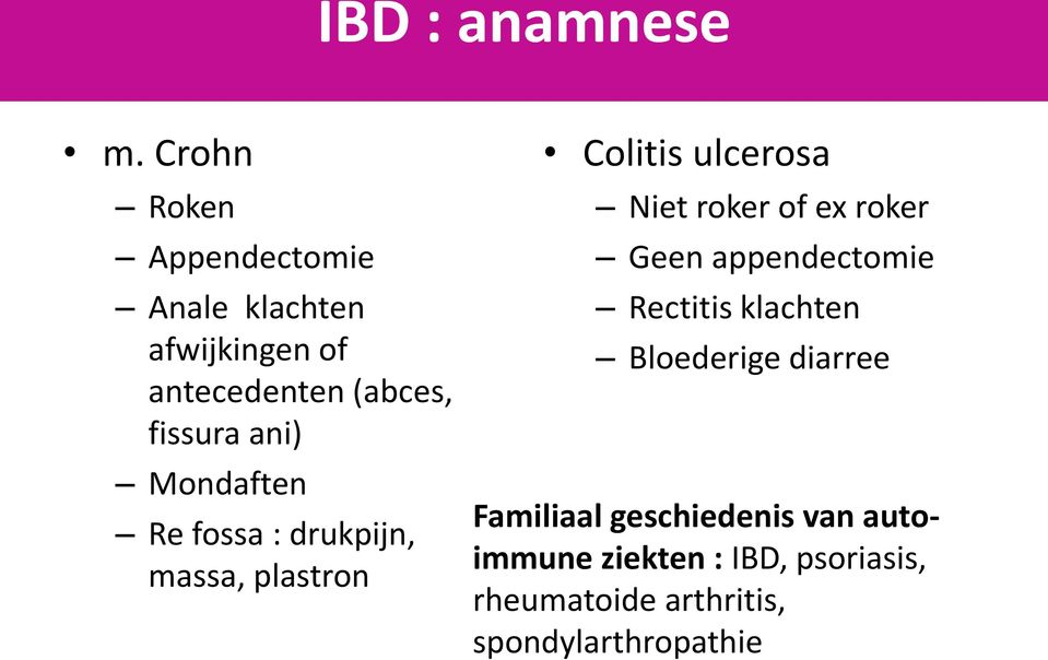 Mondaften Re fossa : drukpijn, massa, plastron Colitis ulcerosa Niet roker of ex roker