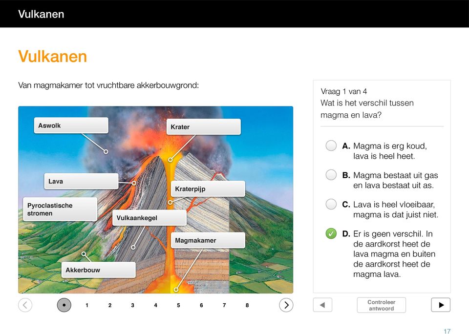 Pyroclastische stromen Vulkaankegel C. Lava is heel vloeibaar, magma is dat juist niet. Akkerbouw Magmakamer D.