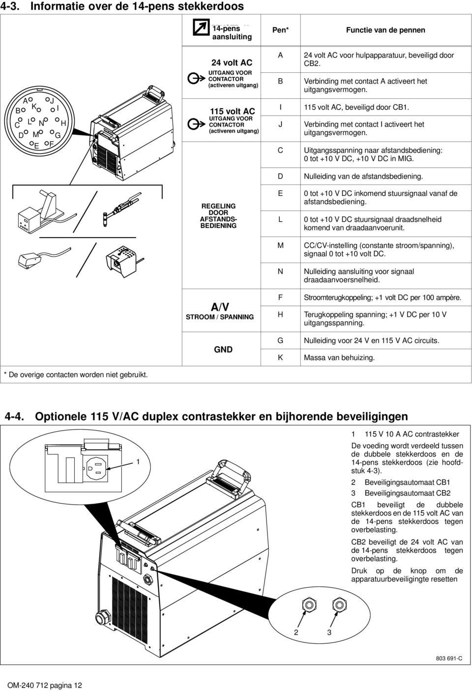 Verbinding met contact I activeert het uitgangsvermogen. Uitgangsspanning naar afstandsbediening: 0 tot +10 V DC, +10 V DC in MIG. D Nulleiding van de afstandsbediening.