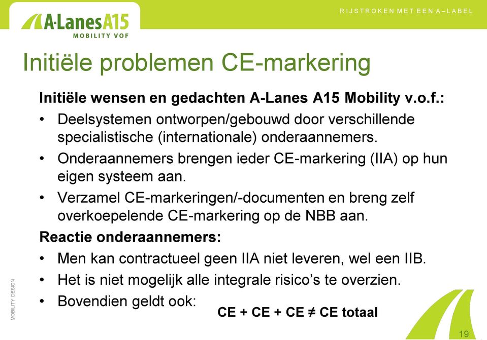 Onderaannemers brengen ieder CE-markering (IIA) op hun eigen systeem aan.