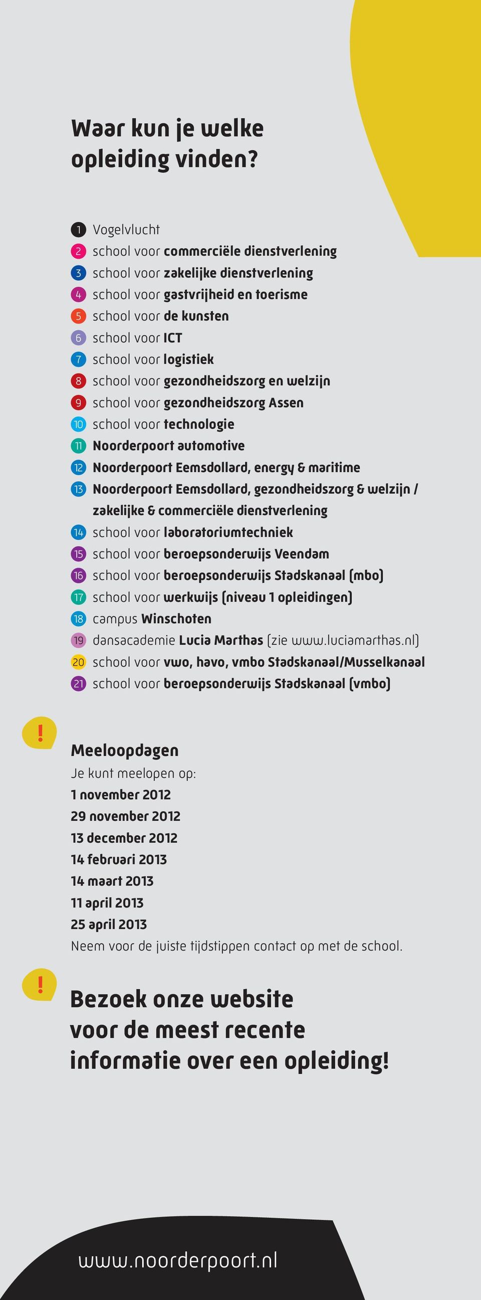 logistiek 8 school voor gezondheidszorg en welzijn 9 school voor gezondheidszorg Assen 10 school voor technologie 11 Noorderpoort automotive 12 Noorderpoort Eemsdollard, energy & maritime 13