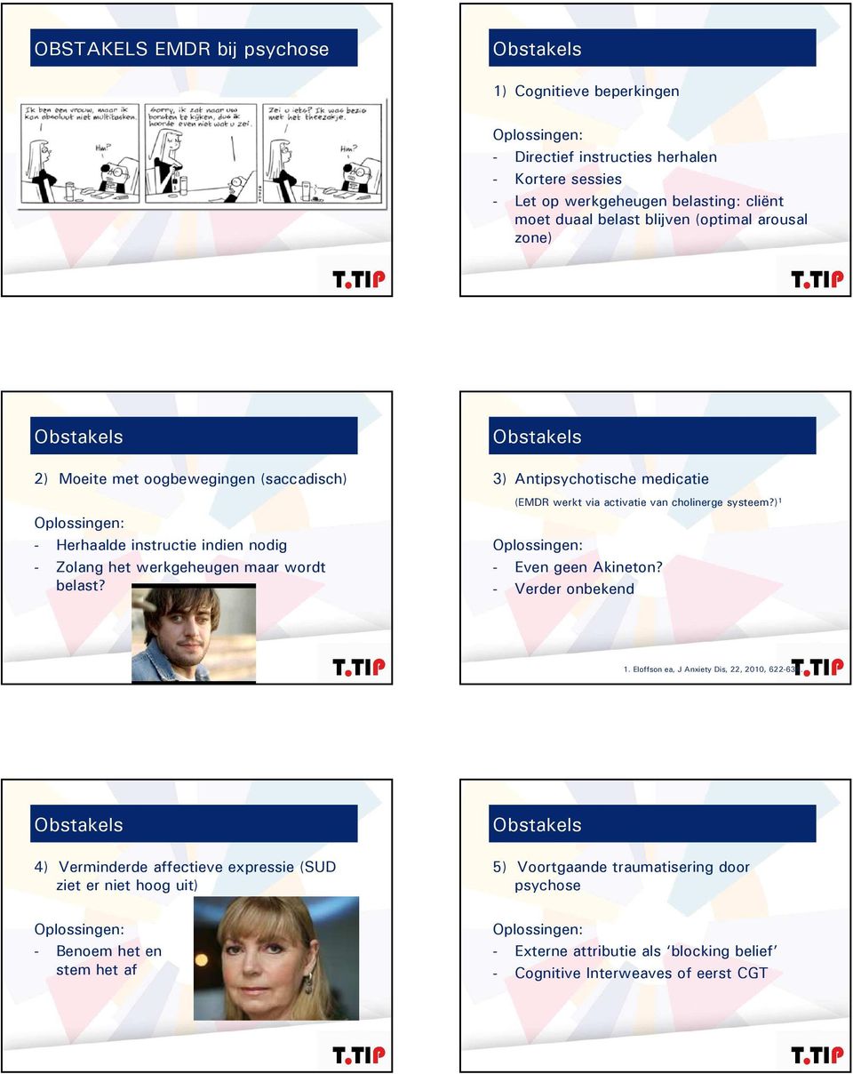 3) Antipsychotische medicatie (EMDR werkt via activatie van cholinerge systeem?) 1 - Even geen Akineton? - Verder onbekend 1. Eloffson ea, J Anxiety Dis, 22, 2010, 622-634.