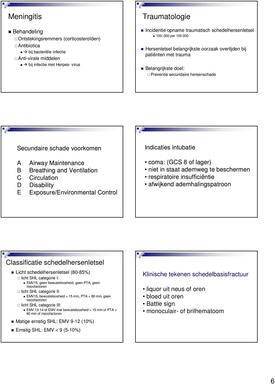 Indicaties intubatie A B C D E Airway Maintenance Breathing and Ventilation Circulation Disability Exposure/Environmental Control coma: (GCS 8 of lager) niet in staat ademweg te beschermen