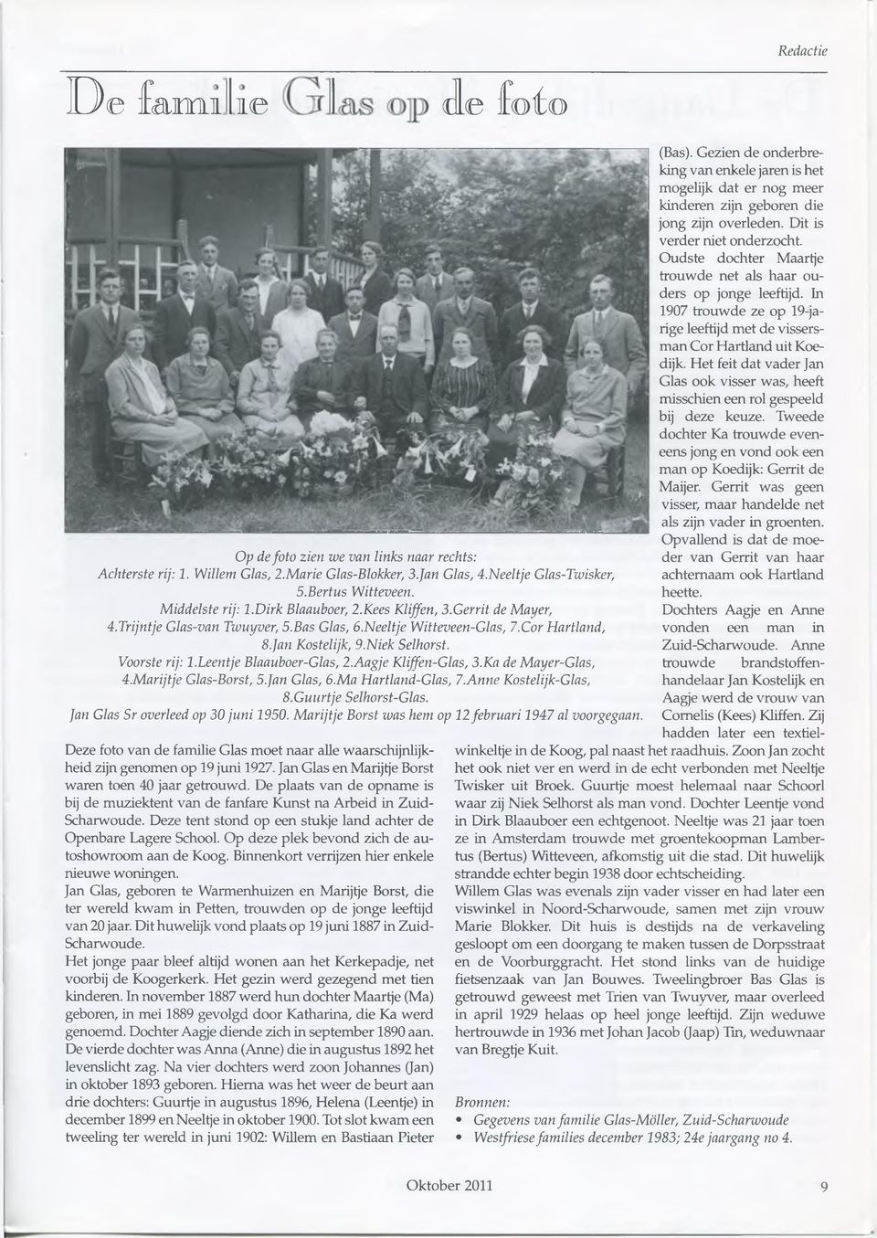Voorste rij: l.leentje Blaauboer-Glas, 2.Aagje Kliffen-Glas, 3.Ka de Mayer-Glas, 4.Marijtje Glas-Borst, 5.Jan Glas, 6.Ma Hartland-Glas, 7.Anne Kostelijk-Glas, 8.Guurtje Selhorst-Glas.
