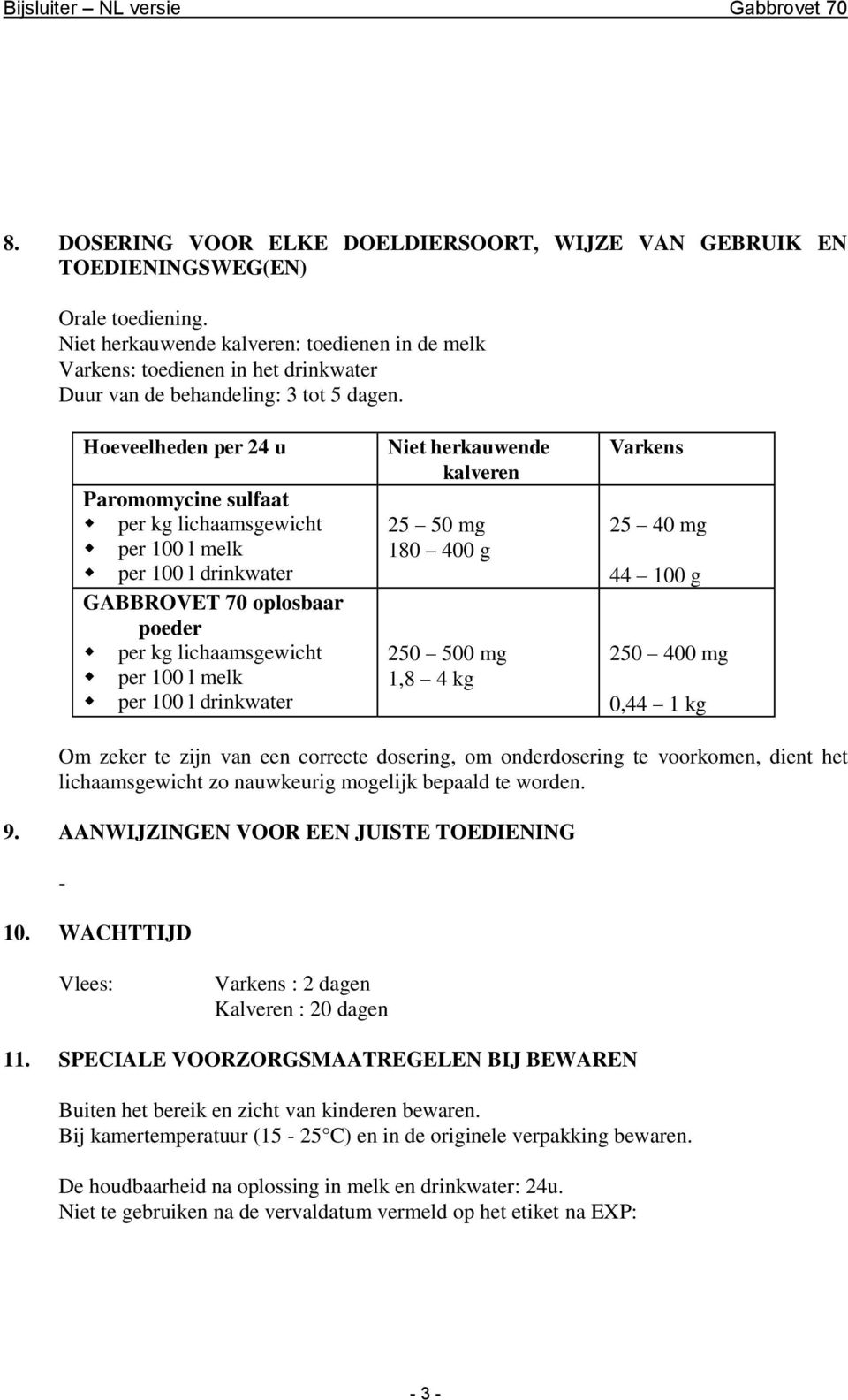 Hoeveelheden per 24 u Paromomycine sulfaat per kg lichaamsgewicht per 100 l melk per 100 l drinkwater GABBROVET 70 oplosbaar poeder per kg lichaamsgewicht per 100 l melk per 100 l drinkwater Niet