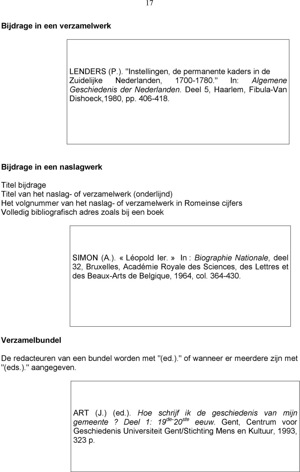 bibliografisch adres zoals bij een boek SIMON (A) «Léopold Ier» In : Biographie Nationale, deel 32, Bruxelles, Académie Royale des Sciences, des Lettres et des Beaux-Arts de Belgique, 1964, col