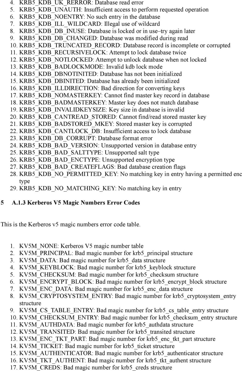 KRB5_KDB_TRUNCATED_RECORD: Database record is incomplete or corrupted 11. KRB5_KDB_RECURSIVELOCK: Attempt to lock database twice 12. KRB5_KDB_NOTLOCKED: Attempt to unlock database when not locked 13.