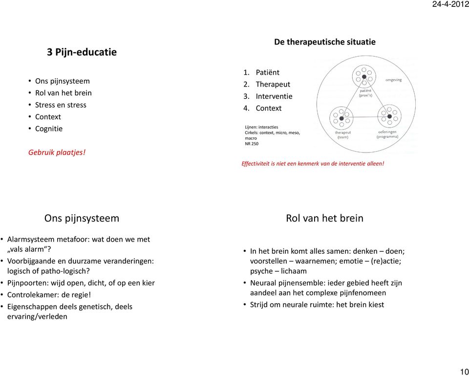 Ons pijnsysteem Alarmsysteem metafoor: wat doen we met vals alarm? Voorbijgaande en duurzame veranderingen: logisch of patho-logisch?