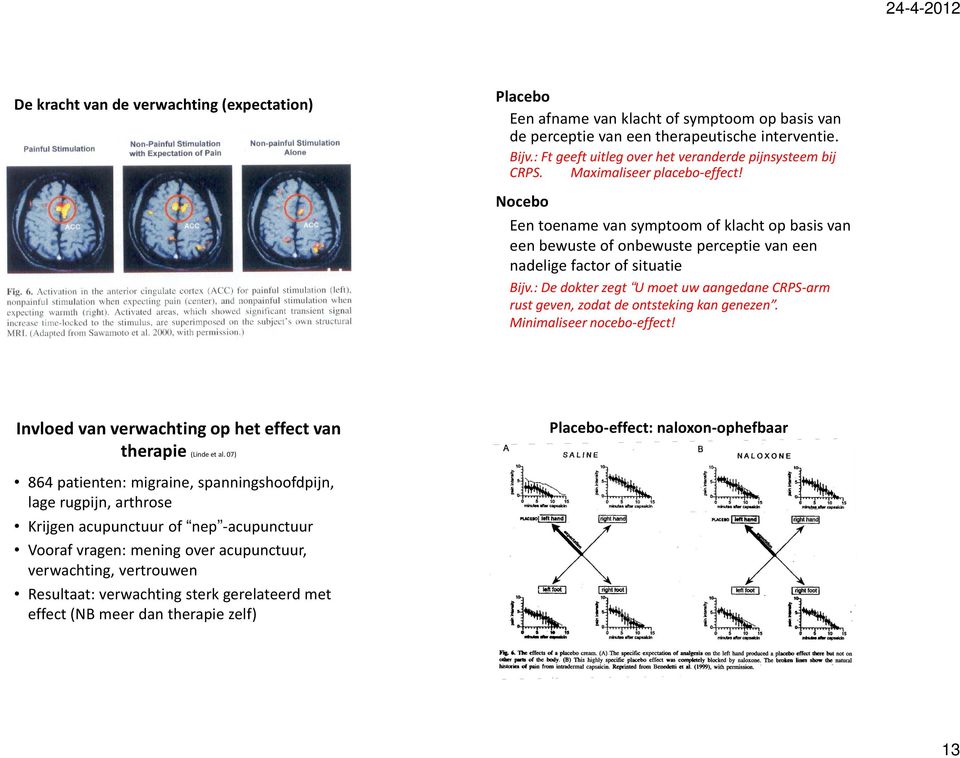 Nocebo Een toename van symptoom of klacht op basis van een bewuste of onbewuste perceptie van een nadelige factor of situatie Bijv.