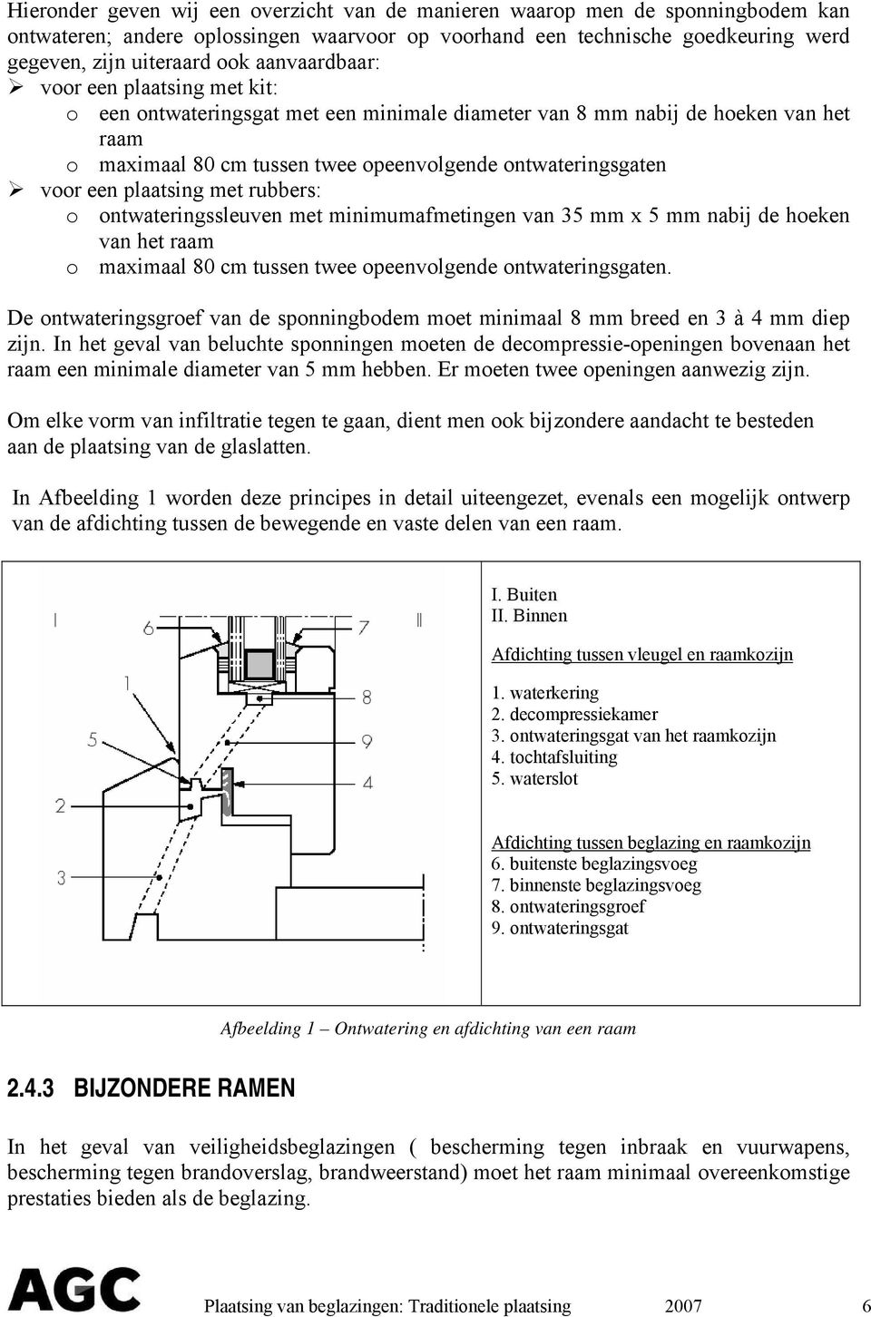 plaatsing met rubbers: o ontwateringssleuven met minimumafmetingen van 35 mm x 5 mm nabij de hoeken van het raam o maximaal 80 cm tussen twee opeenvolgende ontwateringsgaten.