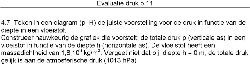 Construeer nauwkeurig de grafiek die voorstelt: de totale druk p (verticale as) in een vloeistof in functie