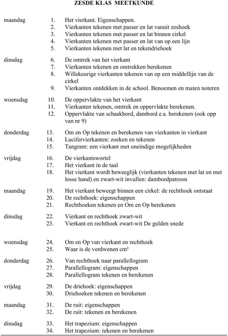 Willekeurige vierkanten tekenen van op een middellijn van de cirkel 9. Vierkanten ontdekken in de school. Benoemen en maten noteren woensdag 10. De oppervlakte van het vierkant 11.